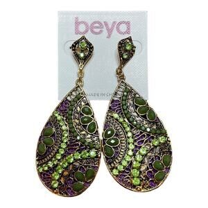 Beya Green Rhinestones Gold Hanging Earrings 3" Drop Women's Jewelry